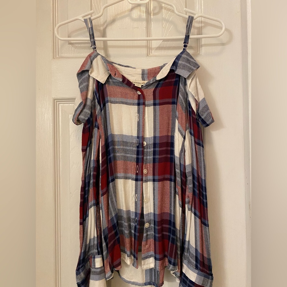 Francesca’s size small off shoulder flannel button down